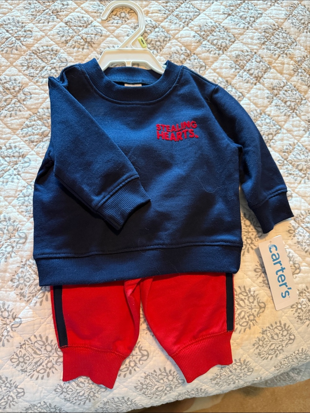 Carter's Navy Sweatshirt with Red 'Stealing Hearts' & Red Joggers 3m